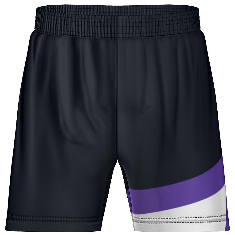 Black shorts with white and purple accents on a white background