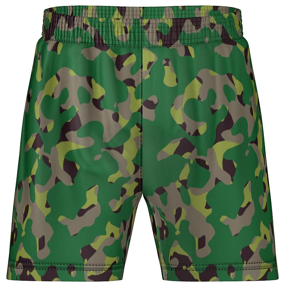 Shorts with green camouflage design on a white background