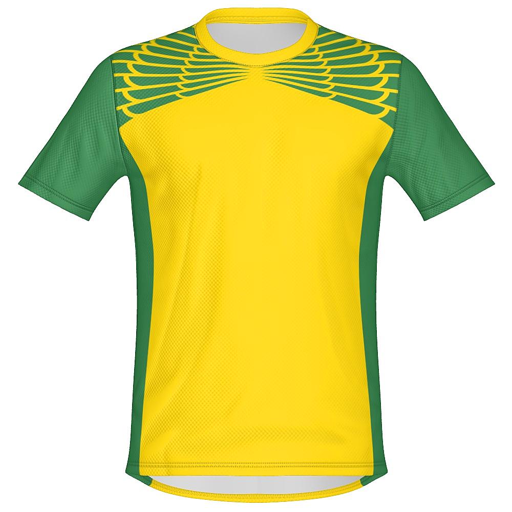 Yellow and green shirt with feather design on upper chest and shoulders