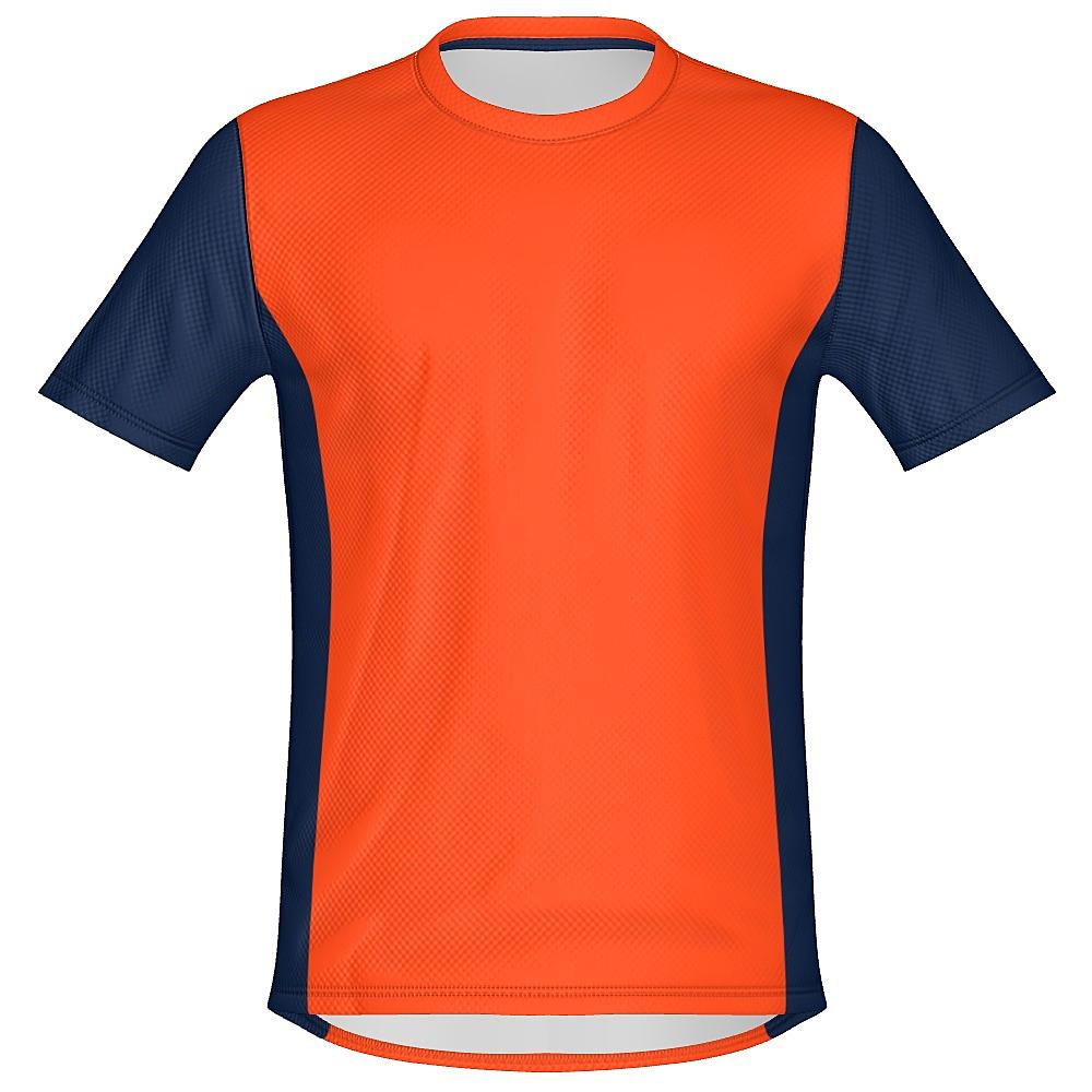 Orange shirt with navy sleeves and side panels on a white background