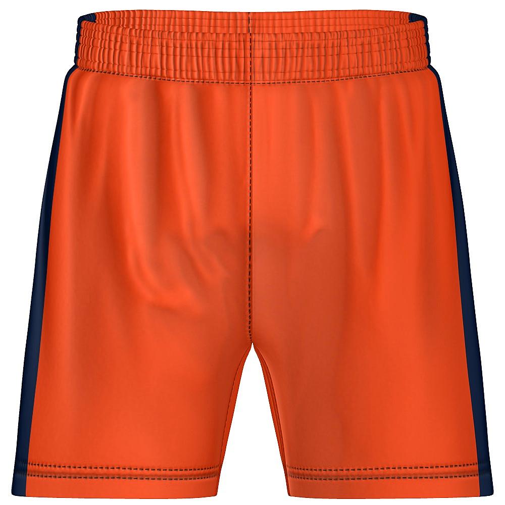 Orange shorts with navy side panels on a white background