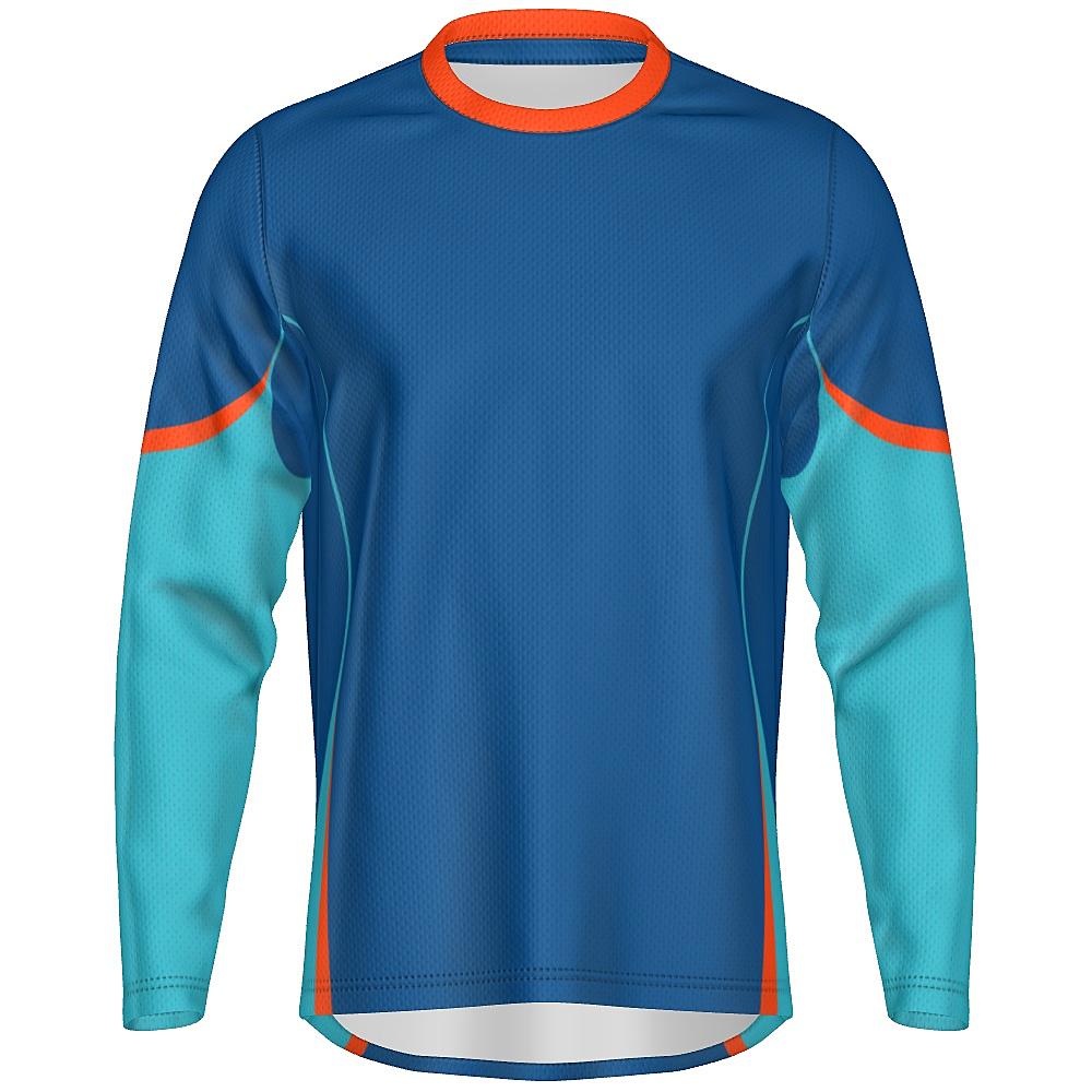 Blue long-sleeve top with teal and orange accents on a white background