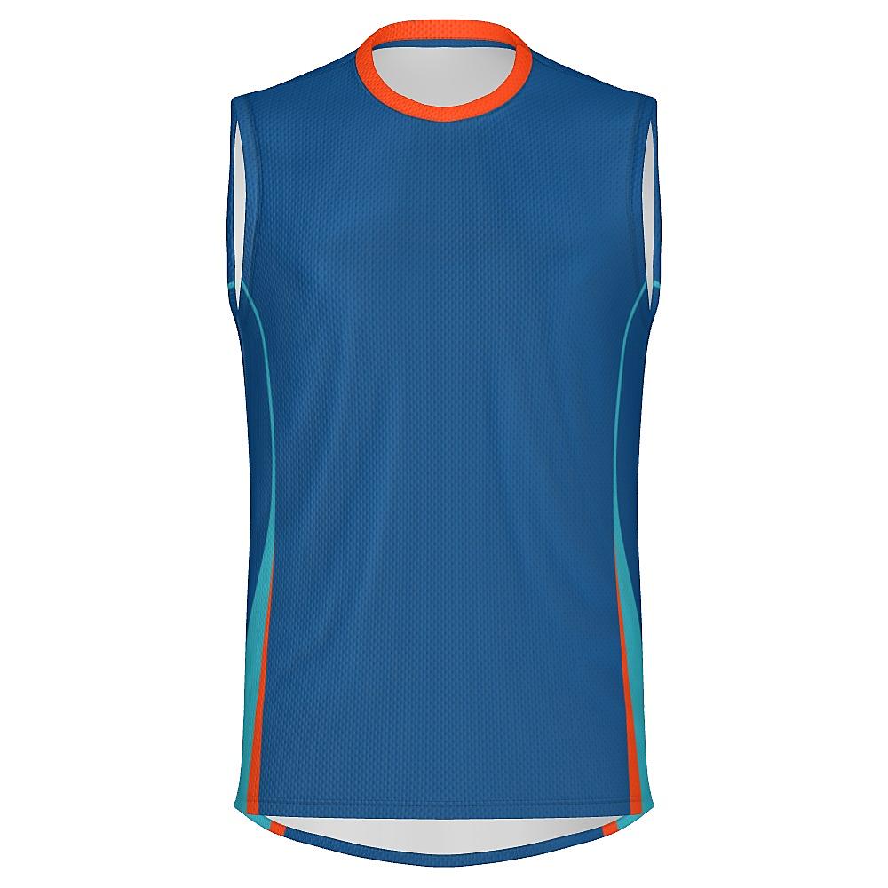 Blue sleeveless shirt with teal and orange accents on a white background