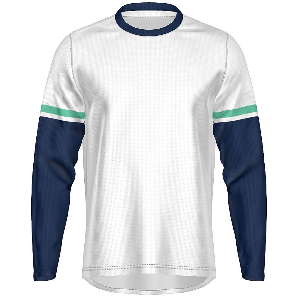 White long-sleeve shirt with navy and green accents on a white background
