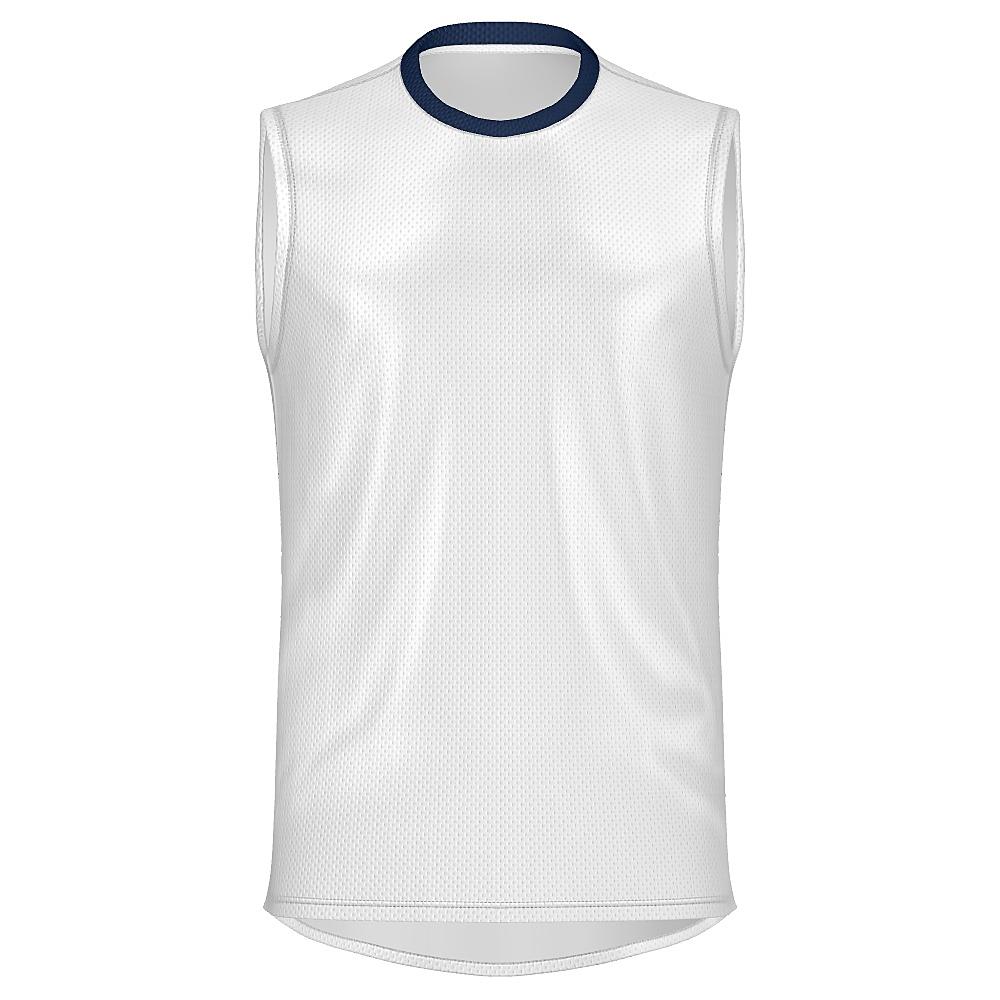 White sleeveless shirt with navy collar on a white background