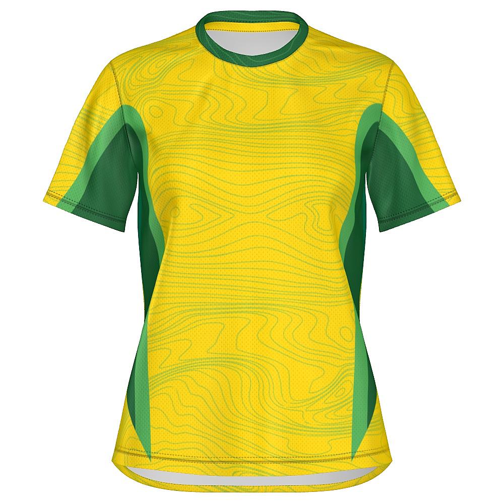 Yellow shirt with topography design and green accents on a white background