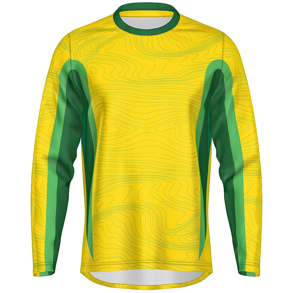 Yellow long-sleeve shirt with topography design and green accents on a white background