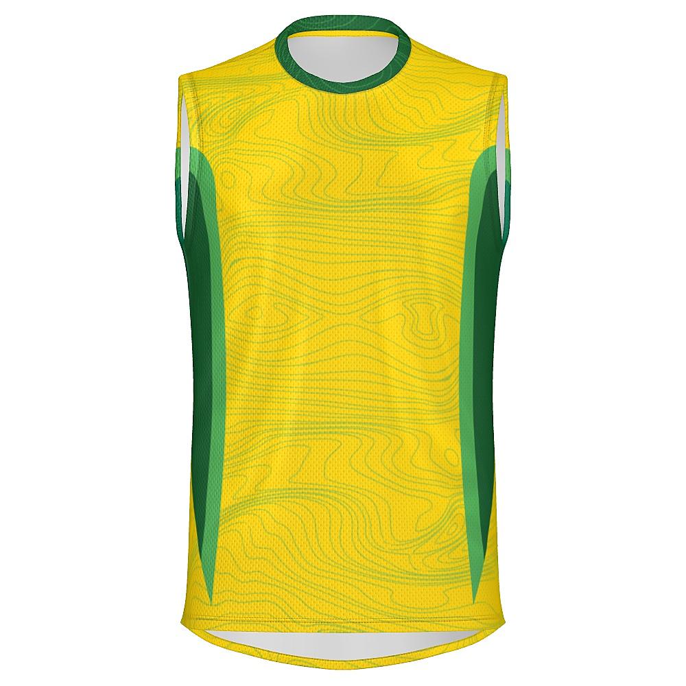 Yellow sleeveless shirt with topography design and green accents on a white background