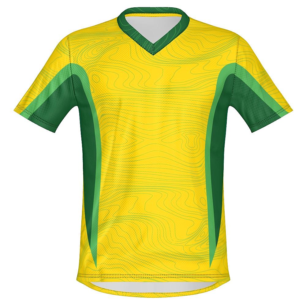 Yellow shirt with topography design and green accents on a white background