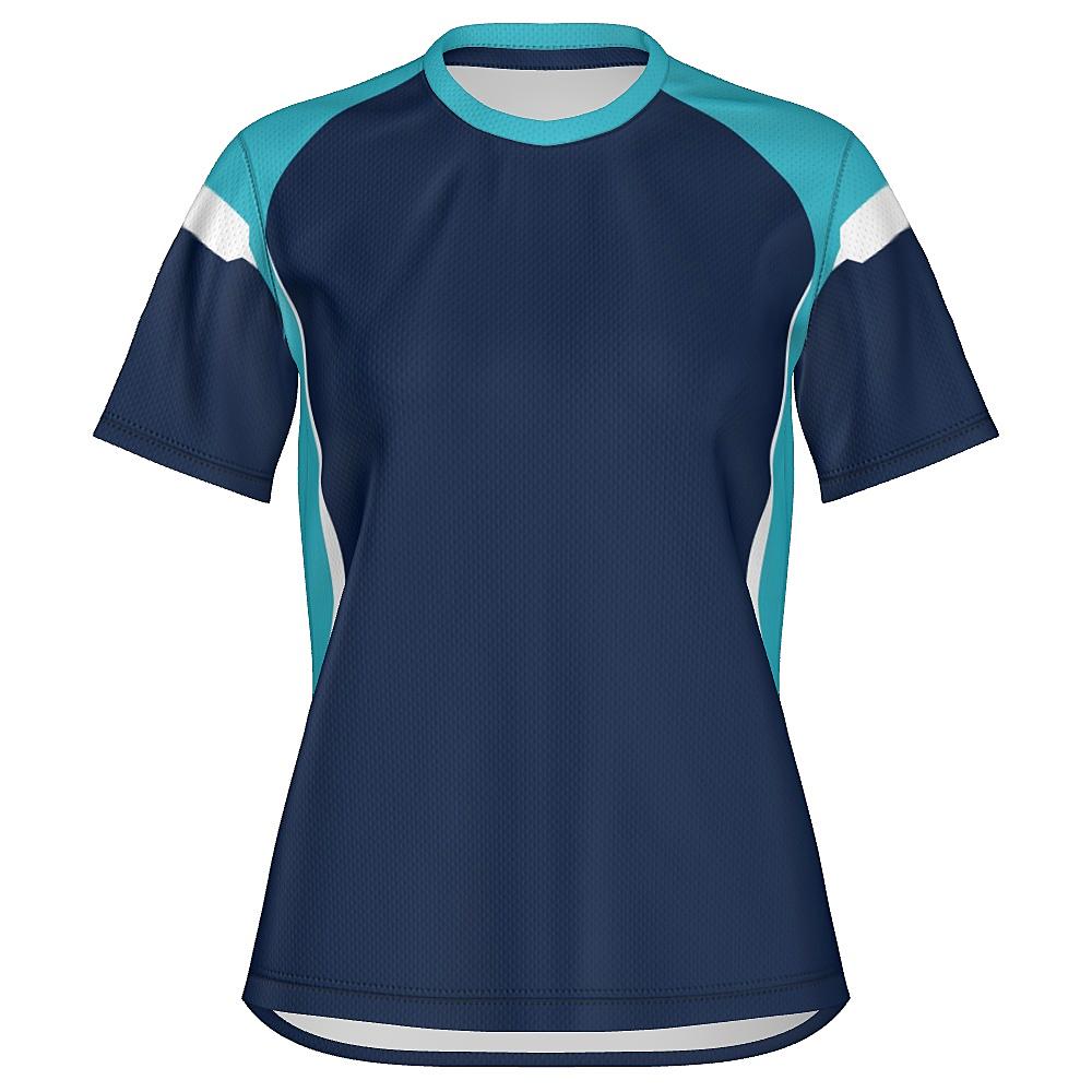 Navy shirt with light blue and white accents on a white background