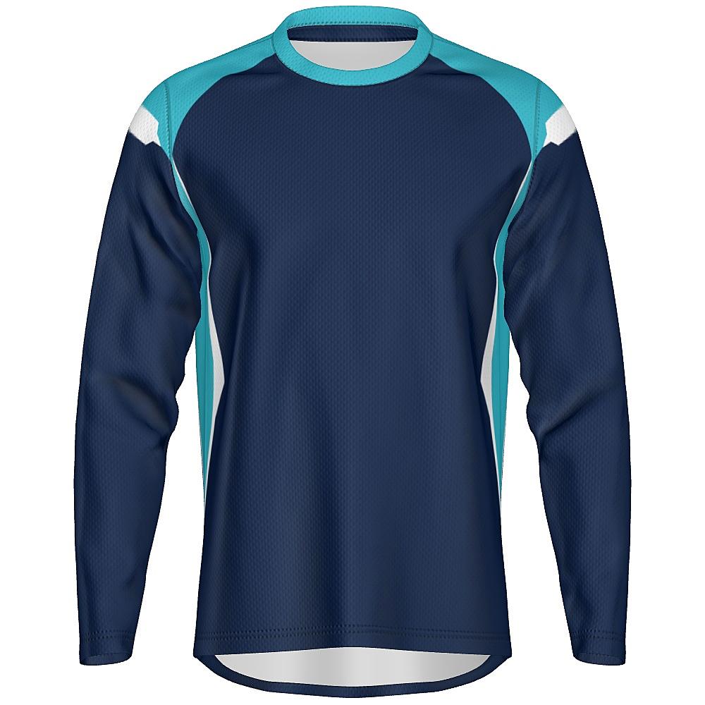 Navy long-sleeve shirt with light blue and white accents on a white background