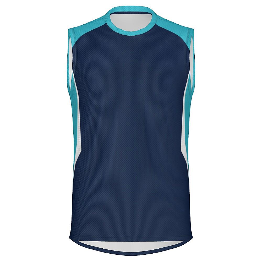 Navy sleeveless shirt with light blue and white accents on a white background