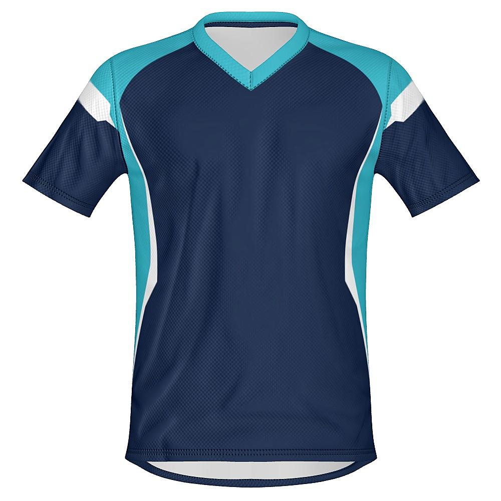 Navy shirt with light blue and white accents on a white background