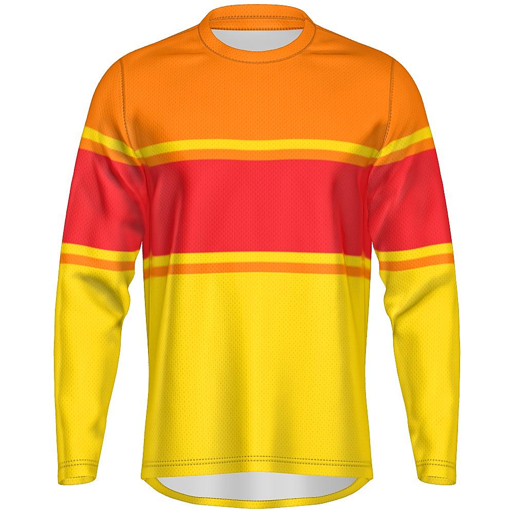 Red, orange and yellow long-sleeve shirt on a white background