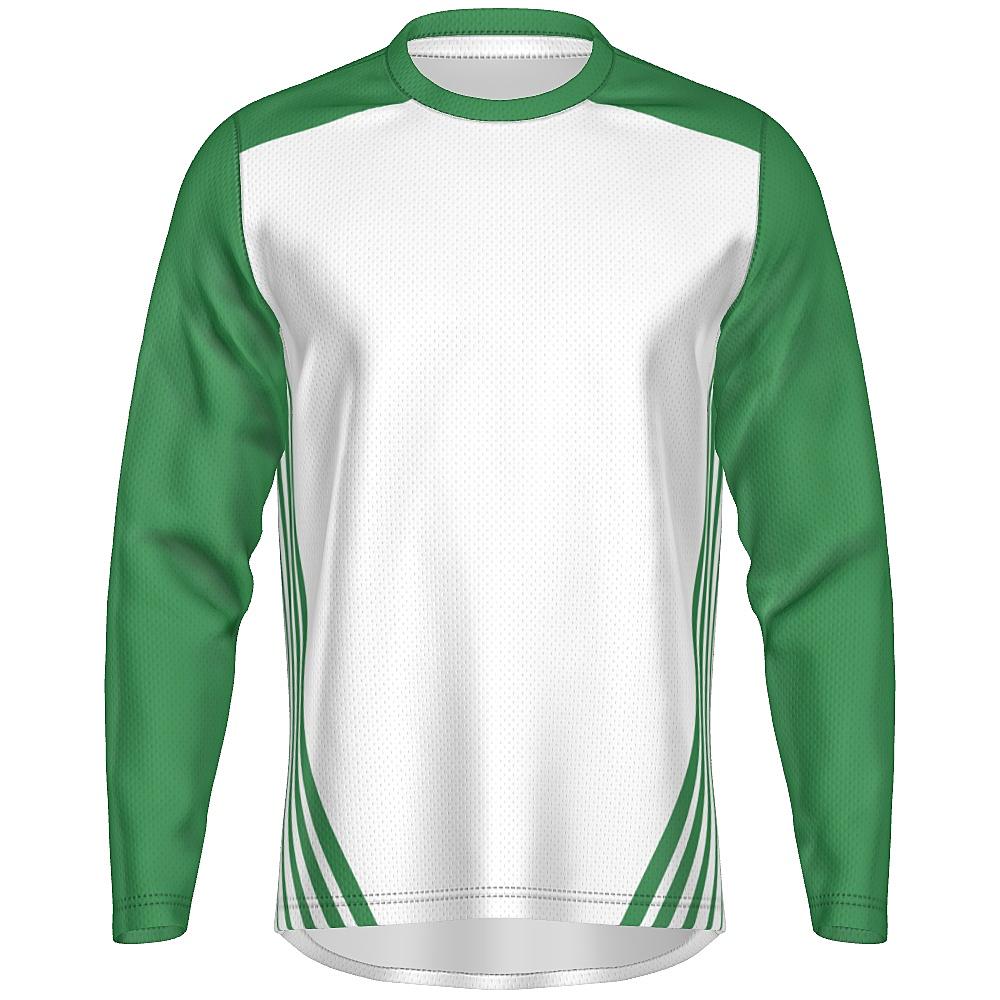 White long-sleeve shirt with green accents on a white background