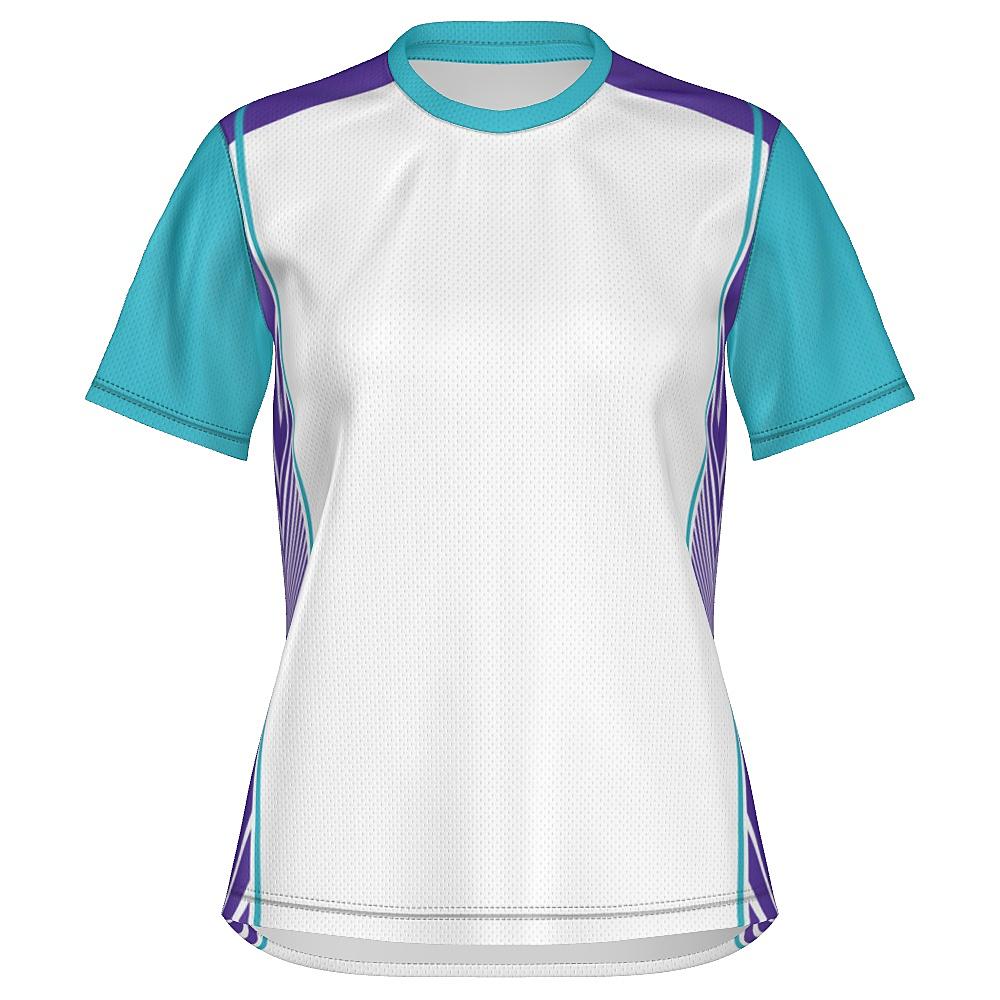 White shirt with teal and purple accents on a white background