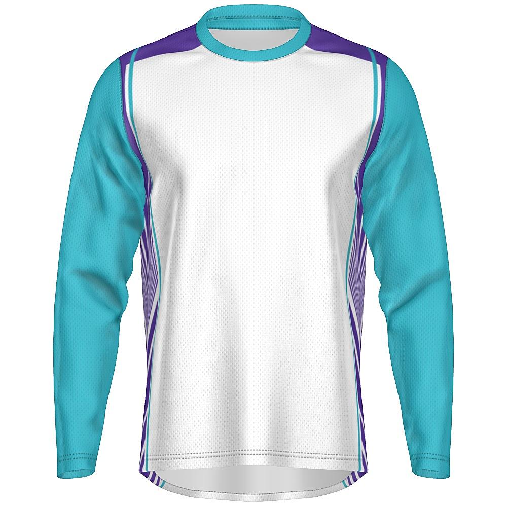 White long-sleeve shirt with teal and purple accents on a white background