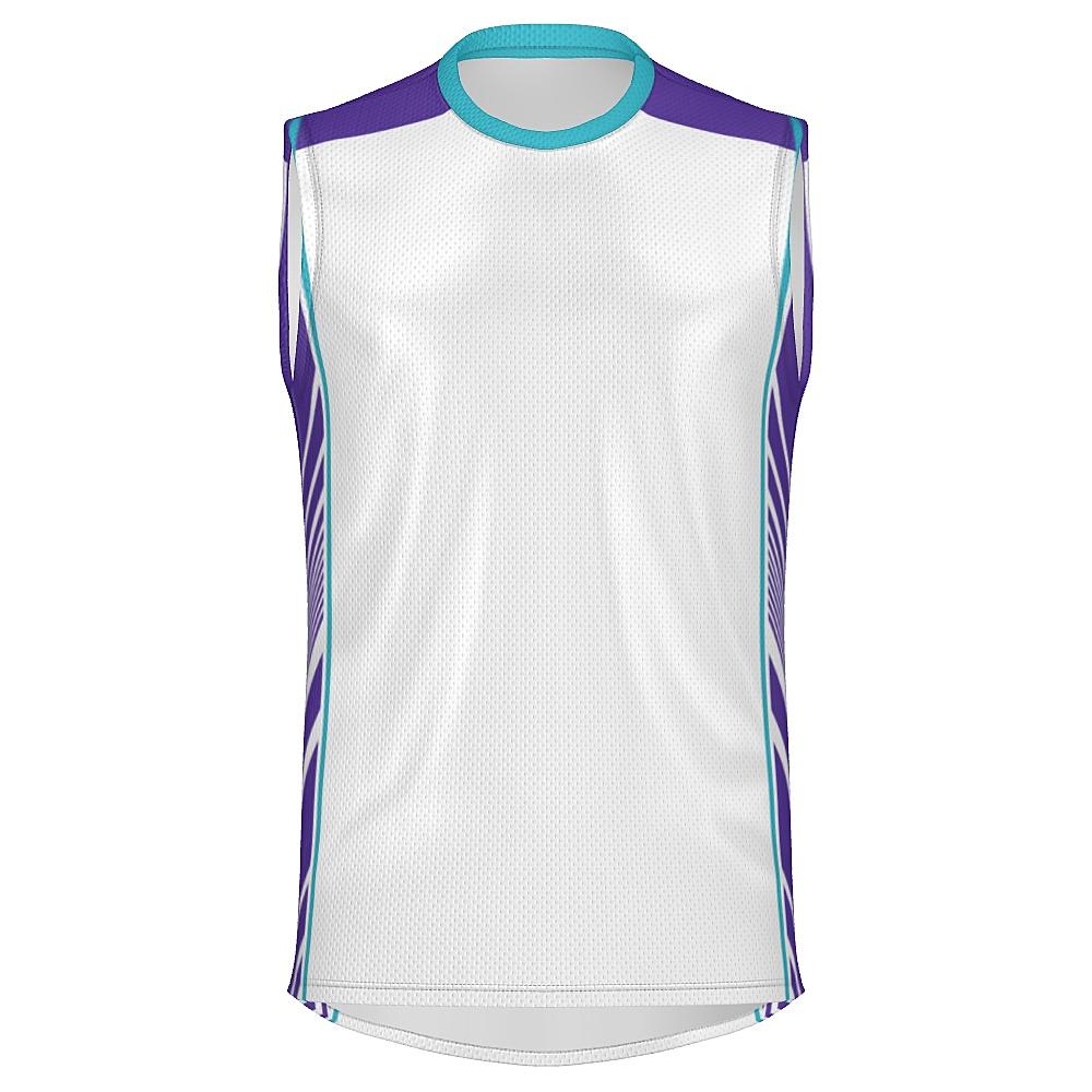 White sleeveless shirt with teal and purple accents on a white background