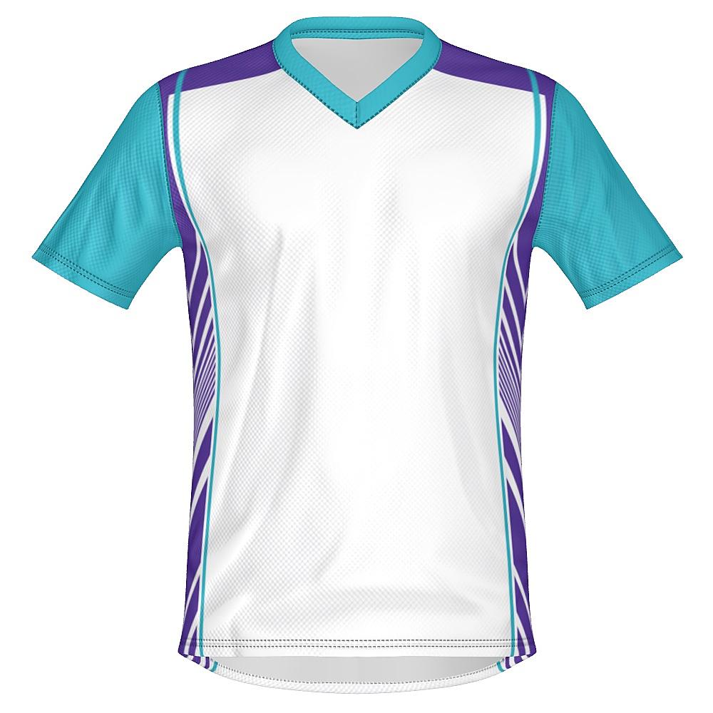 White shirt with teal and purple accents on a white background
