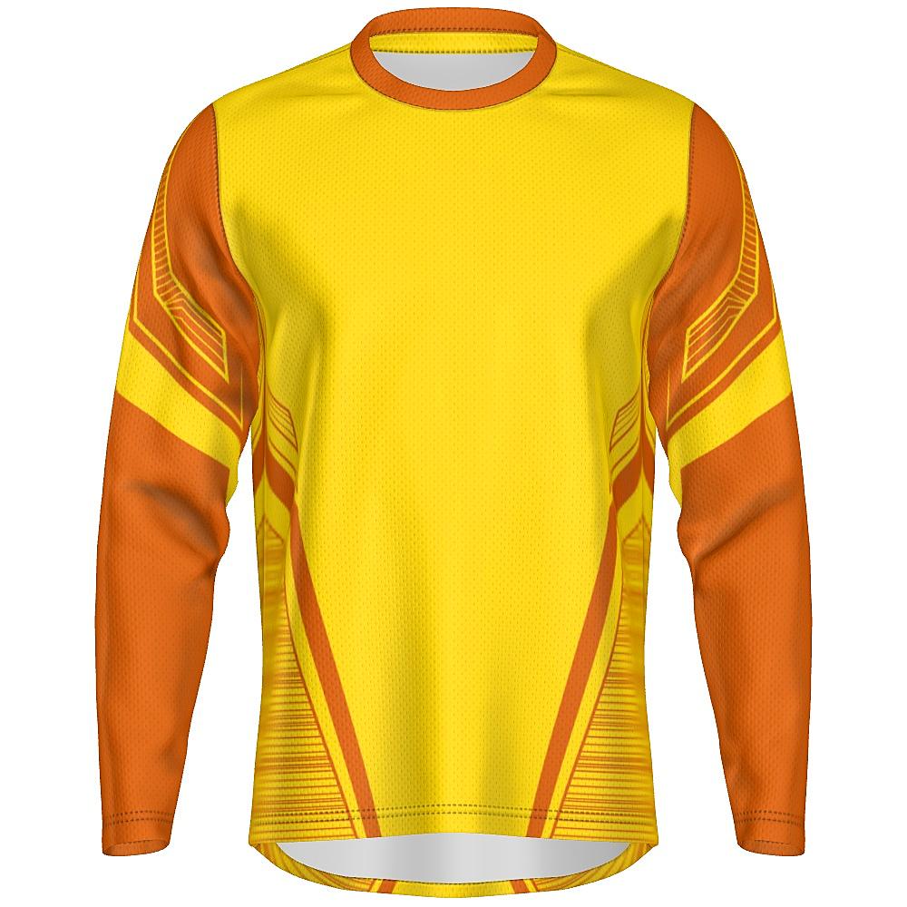 Yellow long-sleeve shirt with orange accents on a white background