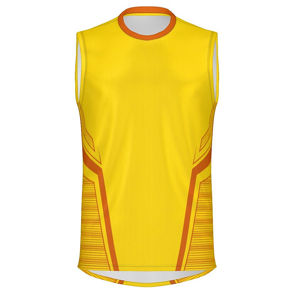 Yellow sleeveless shirt with orange accents on a white background