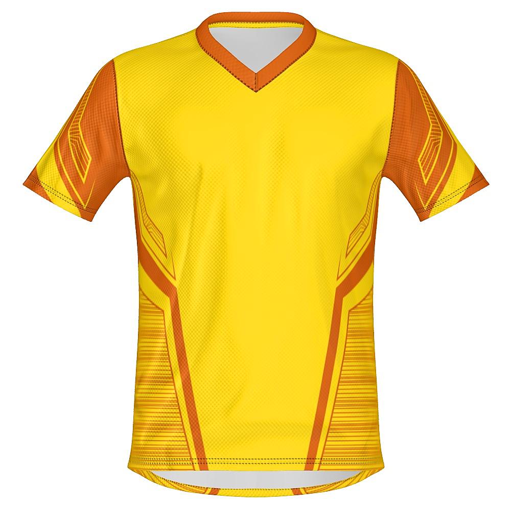 Yellow shirt with orange accents on a white background