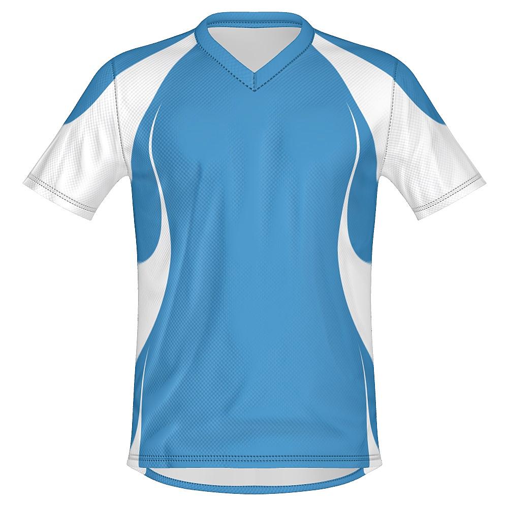 Blue shirt with white accents on a white background