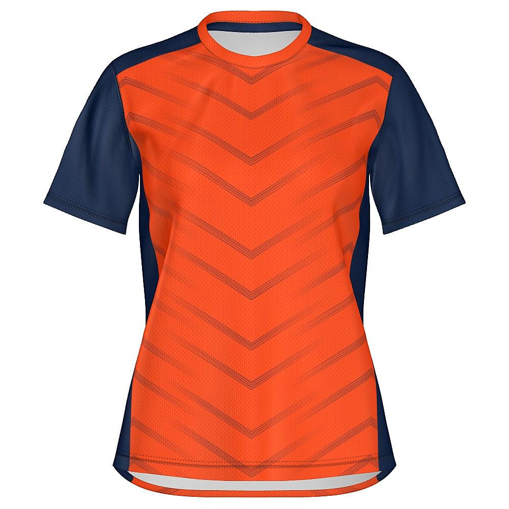 Orange shirt with navy accents and chevron design on a white background