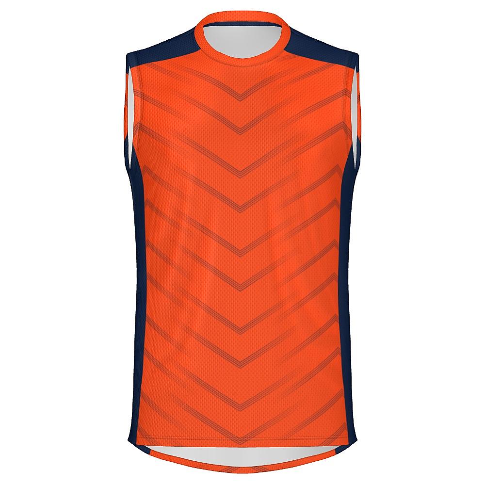 Orange sleeveless shirt with navy accents and chevron design on a white background