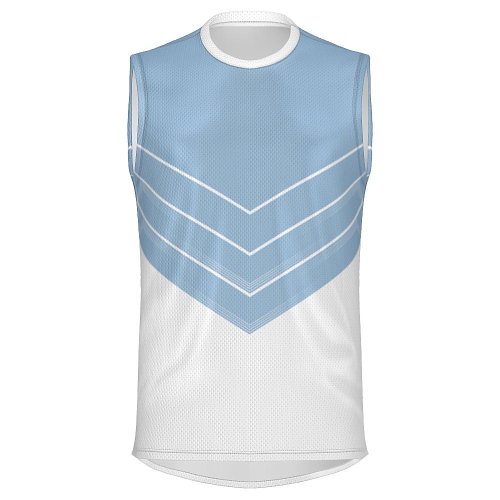 Blue and white sleeveless shirt with chevron design on a white background
