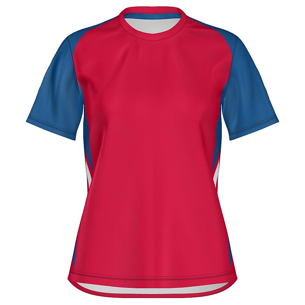 Red shirt with blue and white accents on a white background