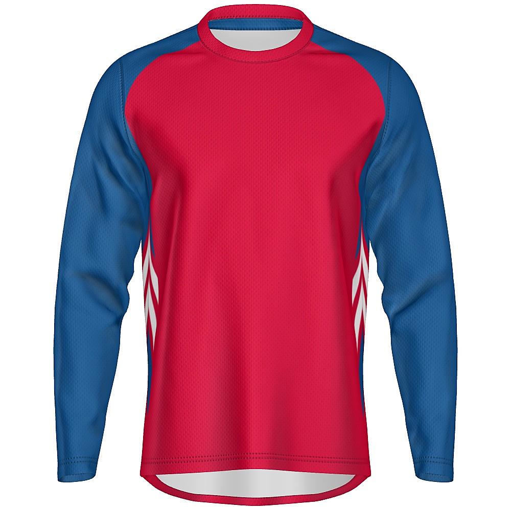 Red long-sleeve shirt with blue and white accents on a white background
