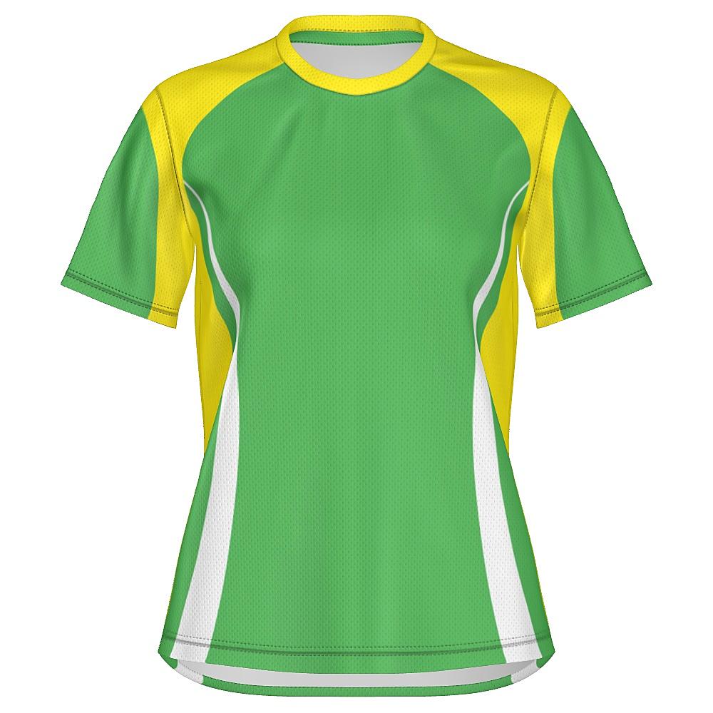 Green shirt with yellow and white accents on a white background