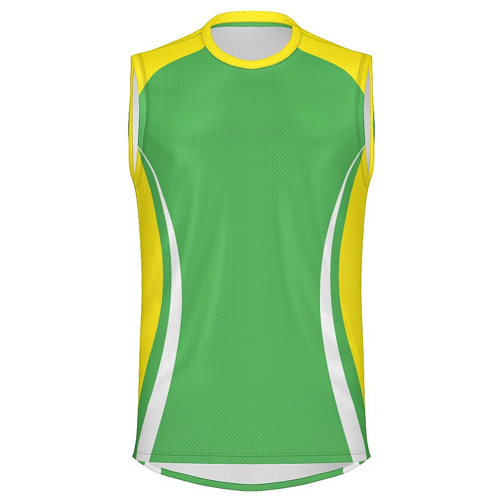 Green sleeveless shirt with yellow and white accents on a white background