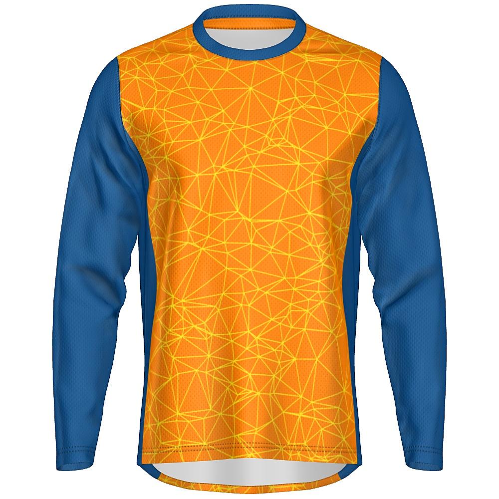 Orange long-sleeve shirt with yellow geometric design and blue accents on a white background