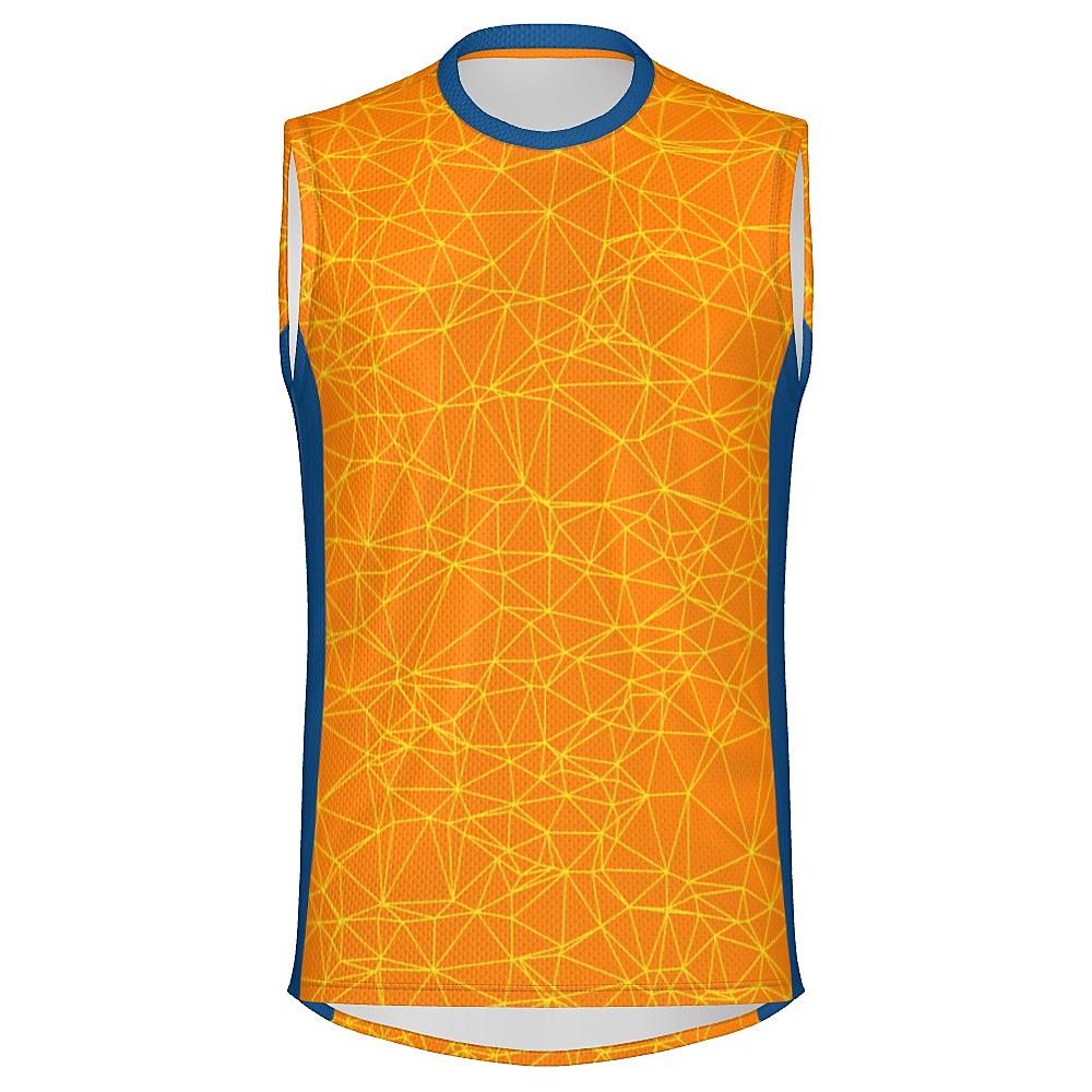 Orange sleeveless shirt with yellow geometric design and blue accents on a white background