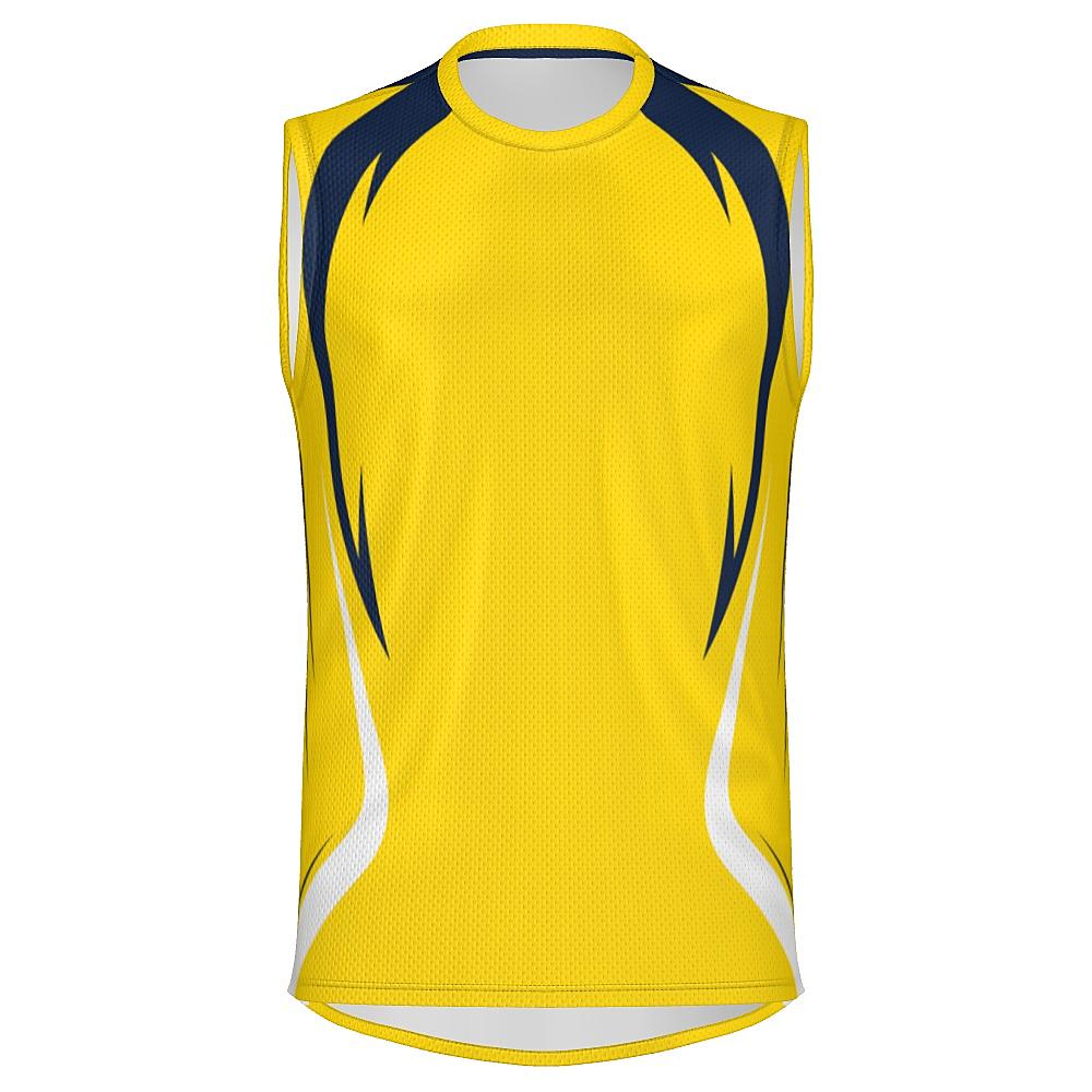 Yellow sleeveless shirt with navy and white accents on a white background