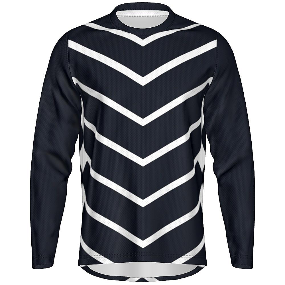 Black long-sleeve shirt with white chevrons on a white background