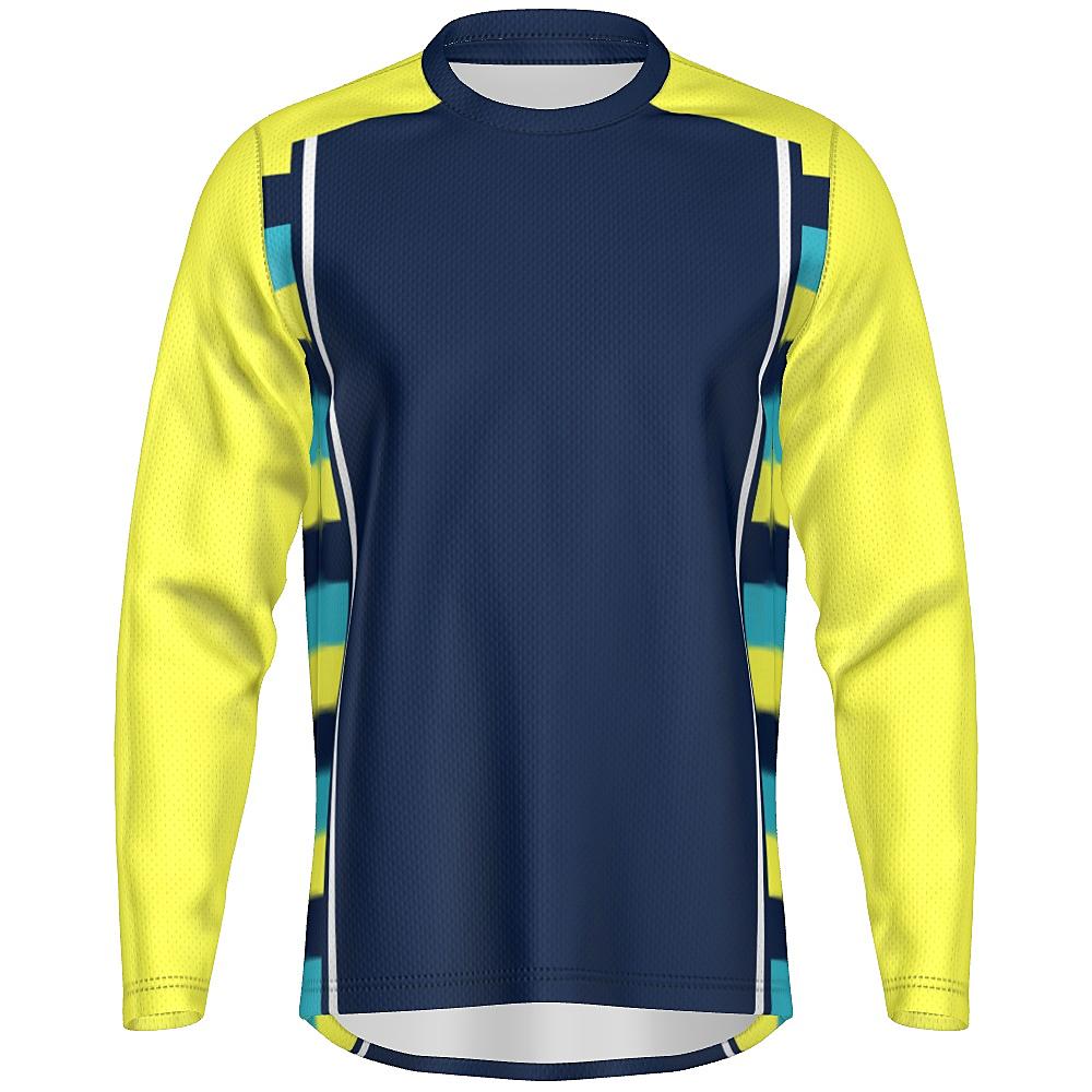 Navy long-sleeve shirt with yellow sleeves and striped side panels on a white background