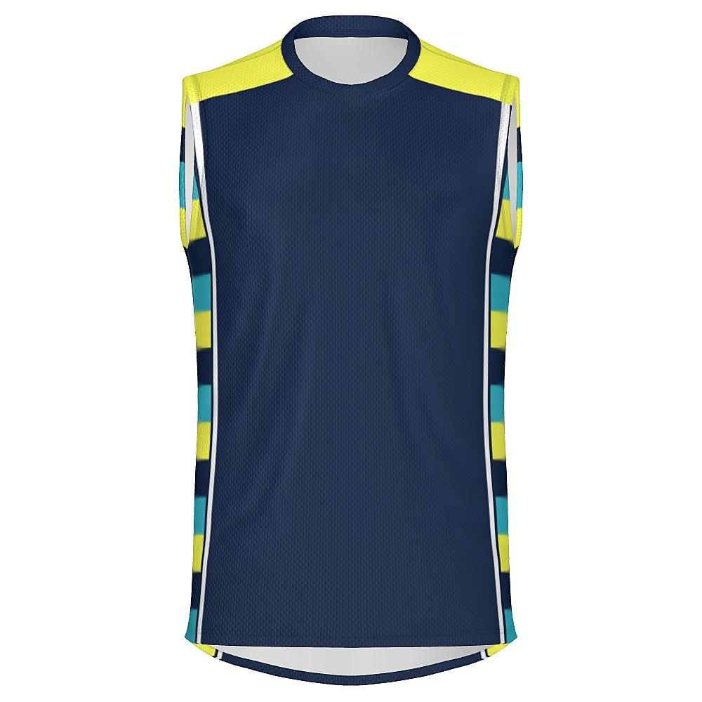 Navy sleeveless shirt with yellow shoulders and striped side panels on a white background