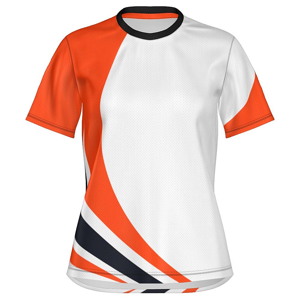 White shirt with black and orange curved stripes on a white background