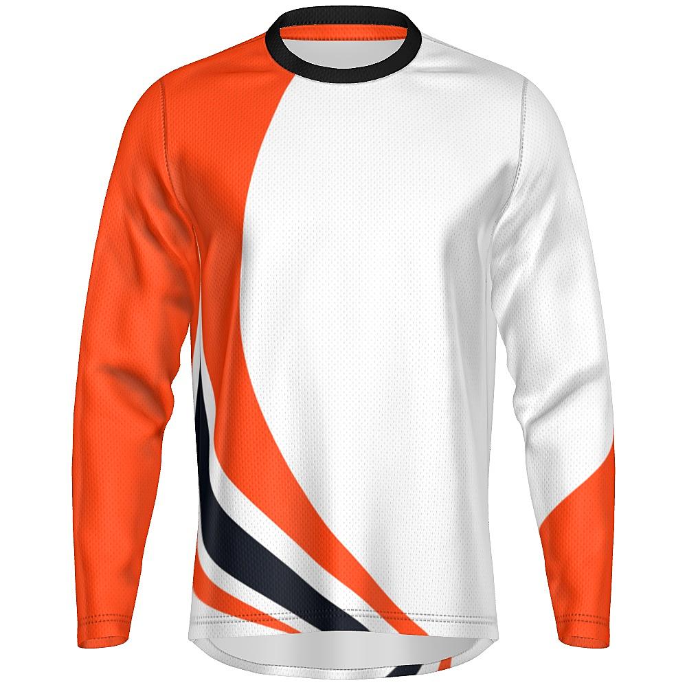 White long-sleeve shirt with black and orange curved stripes on a white background