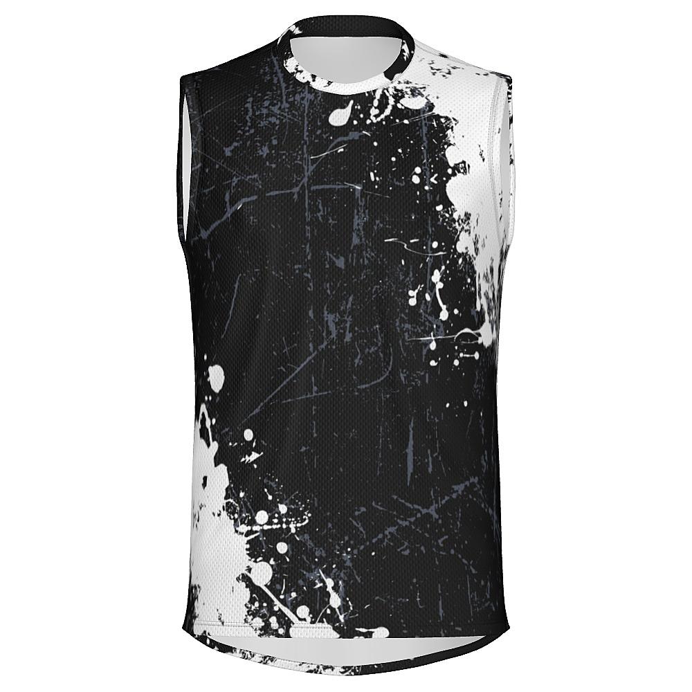 Black sleeveless shirt with white and grey distressed design on a white background