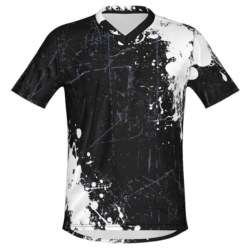 Black shirt with white and grey distressed design on a white background