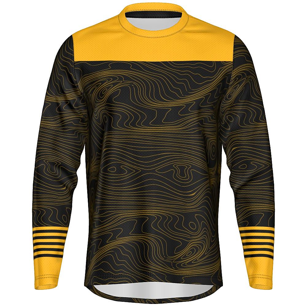 Black long-sleeve shirt with yellow accents and topographic design on a white background