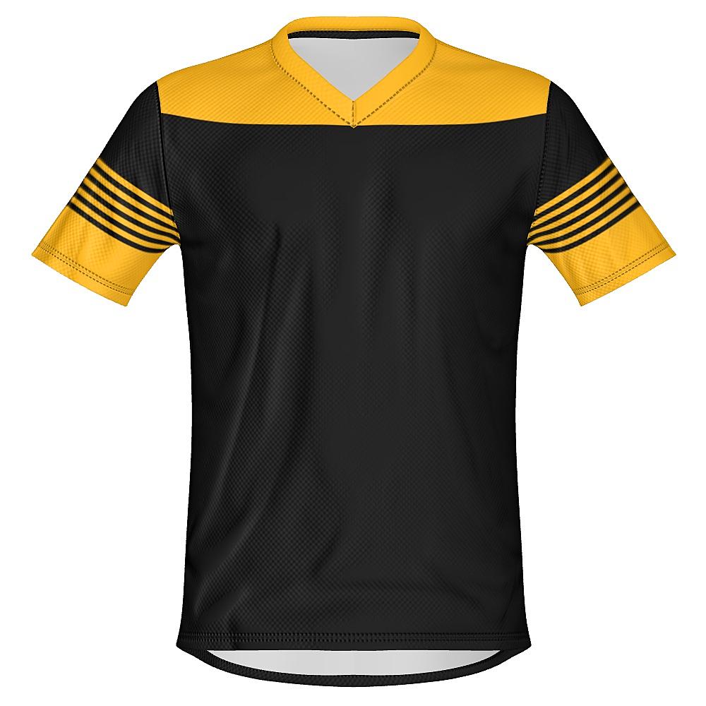 Black shirt with yellow accents on a white background