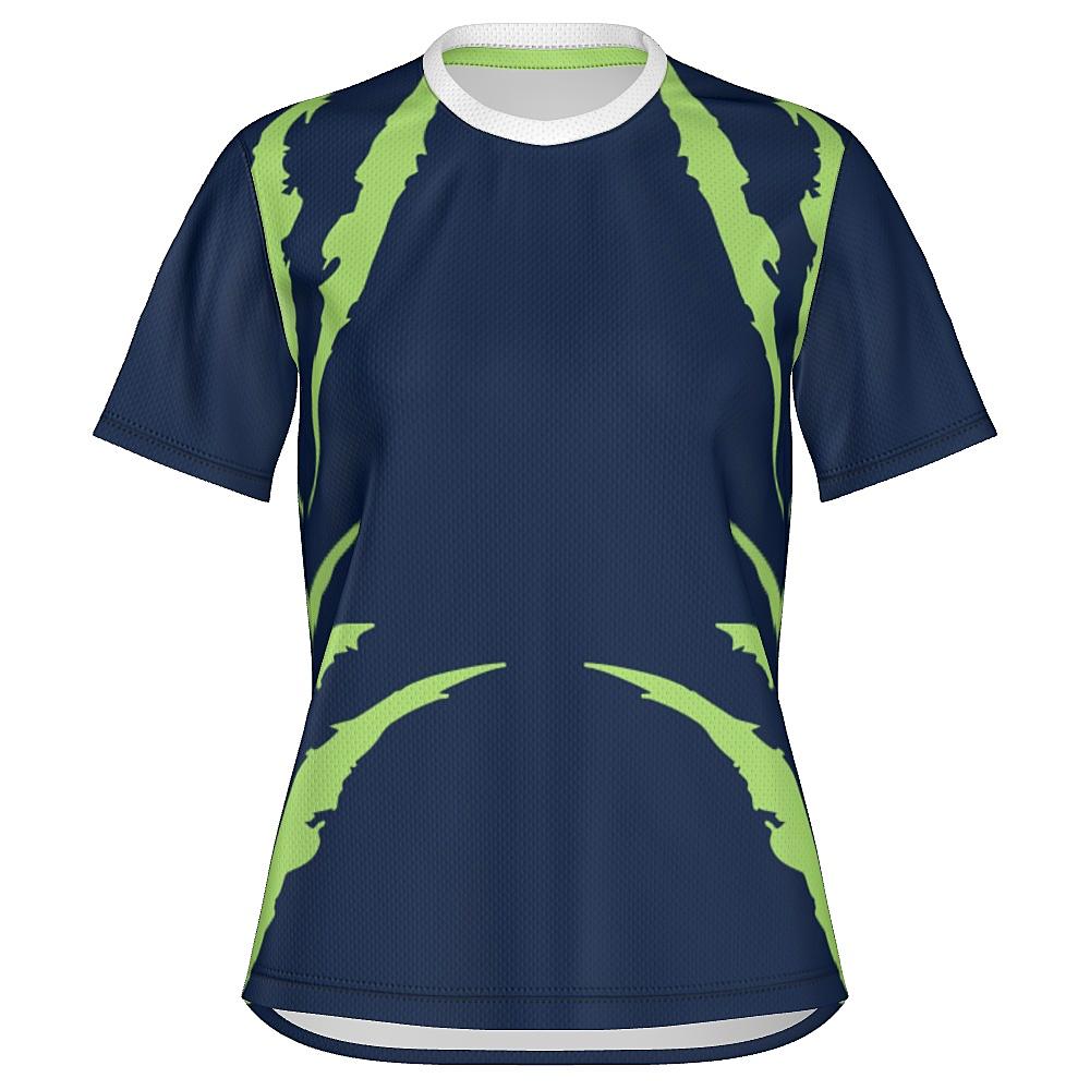 Blue shirt with green accents on a white background