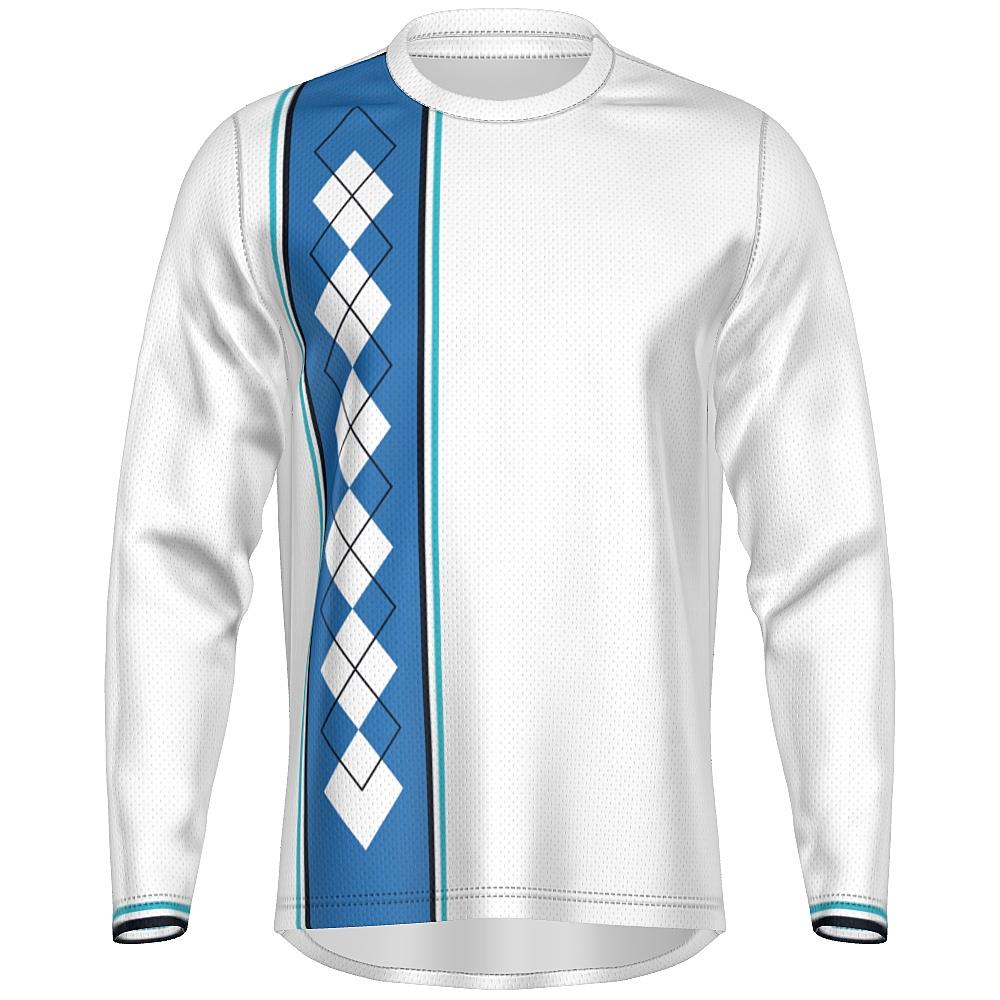 White long-sleeve shirt with blue argyle design on a white background