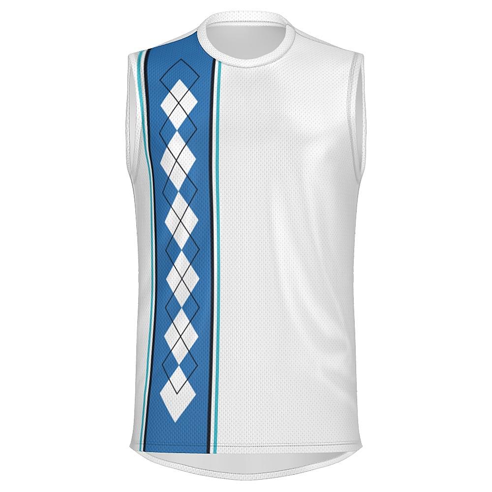 White sleeveless shirt with blue argyle design on a white background