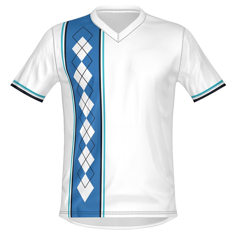 White shirt with blue argyle design on a white background
